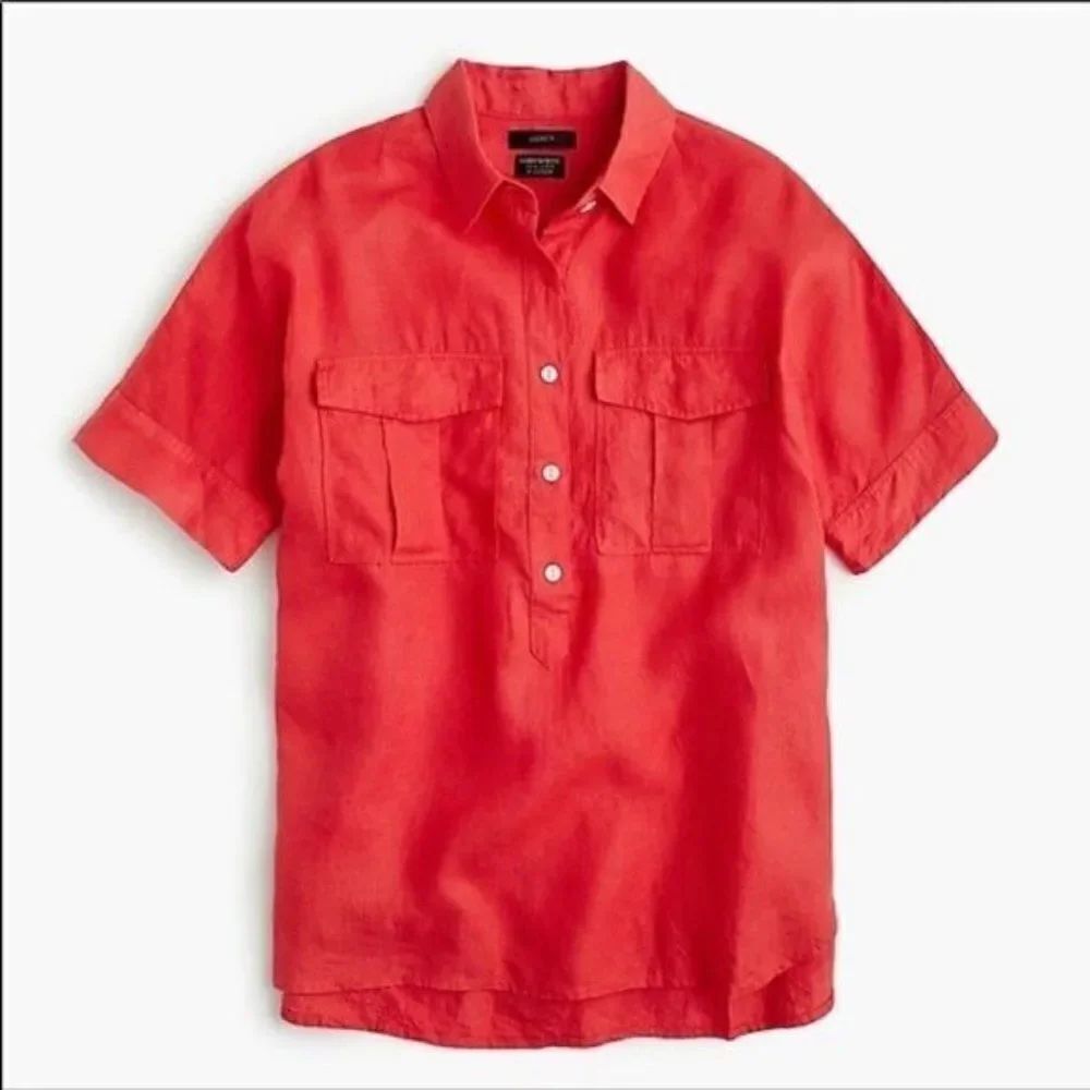 J. Crew Baird McNutt Linen Popover Blouse Hi-Lo Hem Size 2 Coral Pink Beachy
